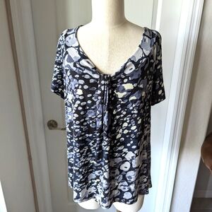Black Jersey Knit Top with Abstract Gray Spotted Print